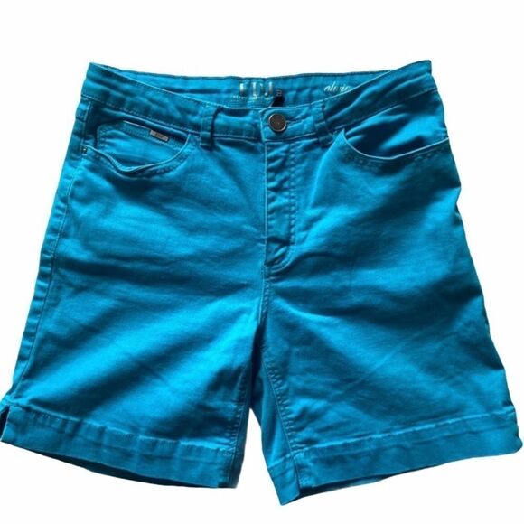 90s  Vintage Teal High Waist Long Jean Bermuda Shorts - Picture 2 of 14